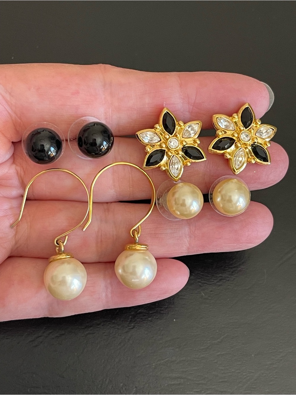 4 pairs Gold-Tone Black and faux Pearl Stud & Drop Earring Set.